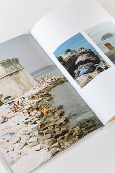 an open book with pictures of people at the beach and in the water on it