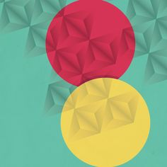 two red and one yellow circles on a green background with geometric shapes that appear to be overlapping