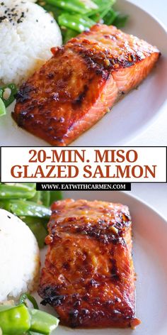 two plates with salmon, rice and green beans on them that have the words 20 - min miso glazed salmon