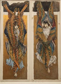 two paintings depicting women with wings in different colors and sizes, one is holding a child