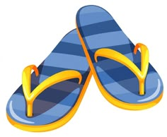 a pair of blue and yellow flip flops sitting on top of eachother