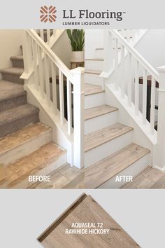 the before and after shots of a white stair case with wood flooring on it