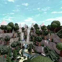 I built this mountain with 4 waterfalls. I'm not sure why I added the snowy mountain tops; I guess I liked it back then - Mountain area with a waterfall in Bloxburg. Bloxburg Bridge, Hill Landscaping Ideas, Roblox Building Ideas, Bloxburg Exterior Ideas, Unique Houses Exterior, Bloxburg Castle, Cottage Core Bloxburg House, Bloxburg Tips, Mountain Mansion