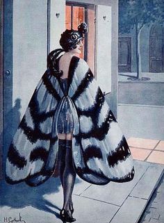 a painting of a woman in a black and white dress walking out of a doorway