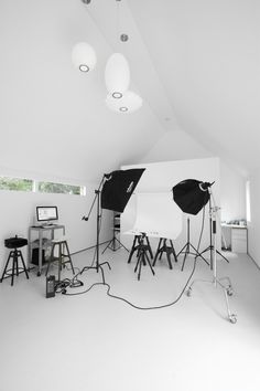 an empty room with several lighting equipment in it