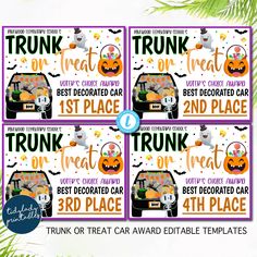 four halloween themed treat cards with pumpkins and jack - o'- lanterns