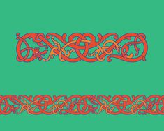 two red and green celtic designs on a green background, one with an orange border