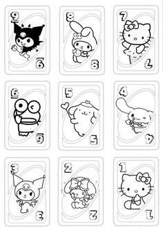 Sanrio Uno Cards No Color, Hello Kitty Pictures Free Printable, Things To Print Out When Bored 3d, Sanrio Uno Cards Template, Sanrio Uno Cards Printable Black And White, Hello Kitty Art Ideas, Sanrio Cards Printable, Uno Diy Cards, Hello Kitty Things To Print