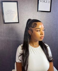 Slick Half Up Half Down Hair Straight, Slick Black Hairstyles, Ponytail Half Up Half Down, Slick Half Up Half Down Hair, Slick Back Half Up Half Down Hair, Slick Back Ponytail, Curly Hair Sew In, Competition Hair, Weave Ponytail Hairstyles