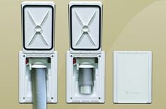 two white electrical boxes with one opening and the other open, on a beige background