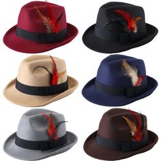 PRICES MAY VARY. 6 Hats: you will receive 6 pieces of hats in 6 colors, khaki, black, gray, wine red, dark blue, coffee respectively, elegant and attractive, which are enough to meet your wearing needs and replacement needs; Different colors can match different clothes according to your preference to make the whole wear coordination Quality Material: the hat is mainly made of imitate wool that is soft and comfortable, it is decorated with beautiful feathers, which are exquisite in workmanship an Formal Winter Hats For Men, Luxury Short Brim Top Hat For Outdoor, Gamblers Hats, Tall Hats For Men, Kingaol Hats, Jim James, 1920s Hat, Mens Dress Hats, Hat With Feather