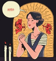 a woman sitting at a table in front of two candles with angels above her and an empty speech bubble