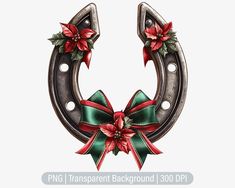 a horseshoe with a bow and poinsettis hanging from it's side