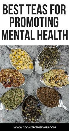 spoons filled with different types of teas and herbs on top of each other