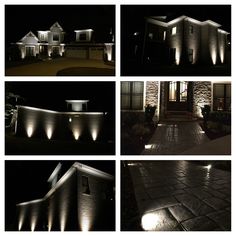 several different types of outdoor lighting in the dark at night, including house and driveway