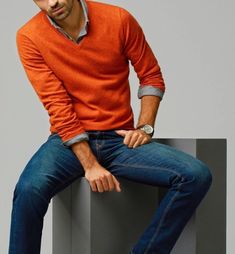 Orange Pullover Outfit, Orange Outfits Men, Orange Outfit Men, Orange Sweater Outfit, Pull Orange, Orange Outfits, Sweater Outfits Men, Orange Pullover, Pullovers Outfit