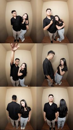 a couple posing for pictures together in their photo booth