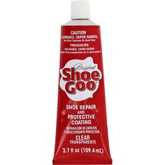 shoe goo shoe repair product in red tube with white cap on the top and bottom