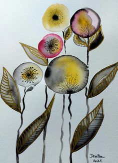 watercolor painting of flowers with leaves on the bottom and yellow petals on the top