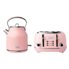 a pink toaster and kettle sitting next to each other