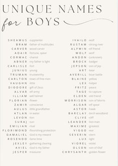 the unique names for boys are shown in this printable poster, which is also available as