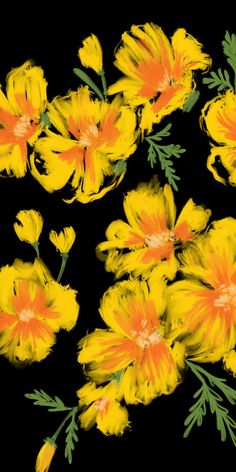 yellow flowers with green stems on a black background