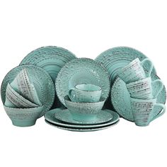 a teal colored dinnerware set with matching plates and cups is displayed on a white background