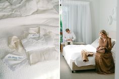 a woman sitting on top of a bed next to a man in a white shirt