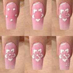 Plumeria Flower Nail Art, How To Draw Flower On Nail, How To Draw Hibiscus Flower On Nail, How To Do Flower Nail Art, Plumeria Nail Art, How To Draw Nail Art, Easy Vacation Nails, Hawaiian Nail Ideas, Nails Hawaiian Flowers