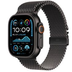 the apple watch series 4 is shown in black and has a woven band with an orange light