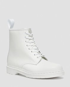 1460 Mono Smooth Leather Lace Up Boots in White | Dr. Martens White Boots For Men, Doc Martens 1460, White Doc Martens, Boots White, Boots Uk, Leather Lace Up Boots, Leather Chelsea Boots, White Boots