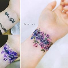 three different pictures of flowers on the wrist and arm, one with purple flowers in it