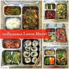 the lunch box is filled with different types of food and has text overlay that reads 20 - packable lunch menus