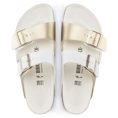 Arizona Birko-Flor White Open Toe Slides With Adjustable Strap, White Double Strap Footbed Sandals For Beach, Adjustable White Slides With Leather Footbed, White Slide Sandals With Leather Footbed, White Leather Slide Sandals, White Cushioned Footbed Slide Sandals, White Synthetic Footbed Sandals With Adjustable Strap, White Slides With Adjustable Strap, White Footbed Sandals With Adjustable Strap