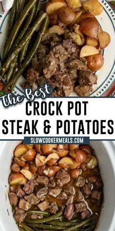 Overhead, look at steak and potatoes in a crock pot and on a plate. Beef Tips And Potatoes Crock Pot, Tender Sirloin Steak, Red Potatoes And Green Beans, Crock Pot Steak, Steak And Green Beans, Melting Potatoes Recipe, Crockpot Steak Recipes, Potato Recipes Crockpot, Crock Pot Beef Tips