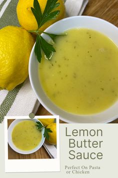 a bowl of lemon butter sauce next to two lemons