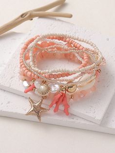 6pcs/Set Girly Pink Seashell, Starfish, Bead Elastic Rope Bracelet Set, Suitable For Women Beach Holiday & Casual Wear Pink    Shell     Women Fashion Jewelry, size features are:Bust: ,Length: ,Sleeve Length: Beach Beaded Bracelets Ideas, Coconut Girl Bracelets, Vacation Bracelets, Collar Conchas, Beach Charm Bracelet, Beach Vacation Style, Homemade Bracelets, Tropical Jewelry, String Bracelets