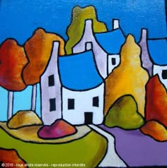 a painting of houses on a hill with trees