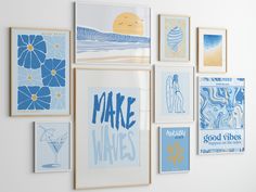 there are many pictures on the wall with blue and white designs in them, including an advertisement for make waves