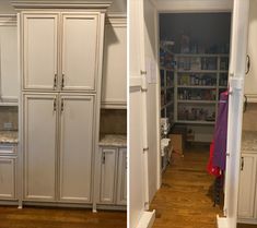 before and after pictures of a kitchen with white cabinets