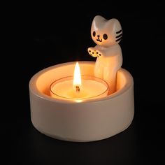 a small white cat sitting on top of a bowl with a lit candle in it