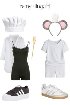 some white and black outfits with mouse ears on the top, one in grey shorts