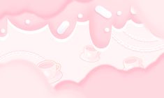 two cups of coffee sitting on top of a pink surface with bubbles and clouds in the background