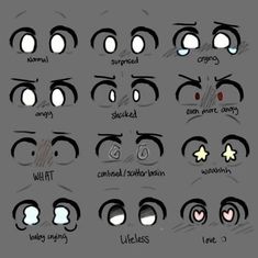 an anime character's eyes are shown with different expressions and their corresponding words on them