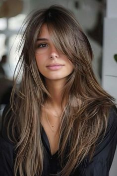 Hair Simple Updos, Best Layers For Long Hair, Full Layers Long Hair With Curtain Bangs, Bangs With Long Face Shape, Hair Up Long Bangs, Long Fringes For Long Hair, Grown Out Fringe Long Hair, Long Brown Hair Fringe, Long Sideswept Bangs Long Hair