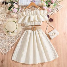 8-12Y  Girls Outfit Sets Summer Trim Ruffle T-shirts Belted Skirts Two-Pieces Off Shoulder Blue Pleated Skirt, Sets Summer, Winter Outfits For Girls, Teen Dress, Girl Sleeves, Fashion School, Boys Summer Outfits, Girls Summer Outfits