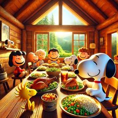 the peanuts movie poster with snoop and his family eating dinner in front of their dog