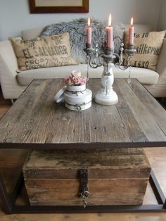 two candles are sitting on top of a coffee table