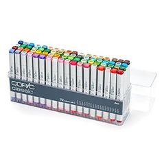 a display case filled with lots of different colored markers on top of each other,