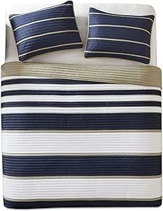 Comfort Spaces Quilt Set Trendy Casual Fun, Vibrant Color Design, Hypoallergenic All Season, Lightweight Coverlet Bedspread Cozy Kids Bedding & Sham Full/Queen Verone White Blue Stripe 3 Piece